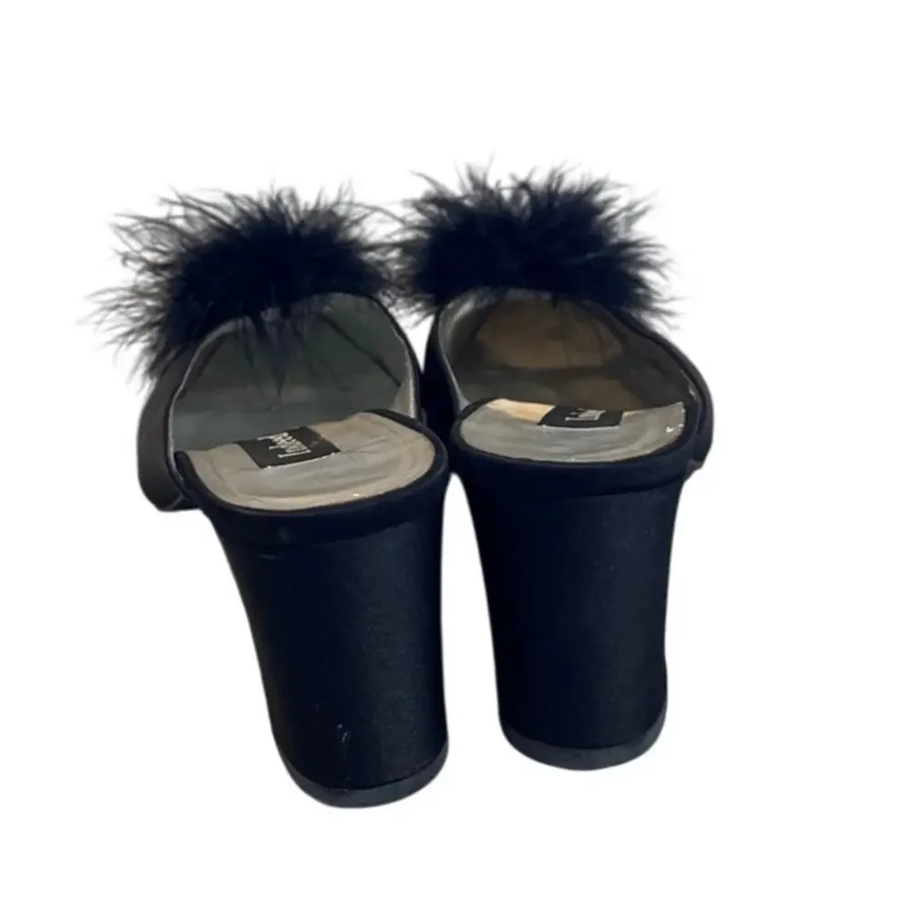 Women's Size 8.5 Vintage Indeed Black Mules with Black Puff Ball